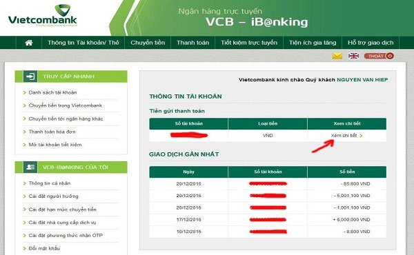 Hướng dẫn kiểm tra số dư tài khoản ngân hàng Vietcombank